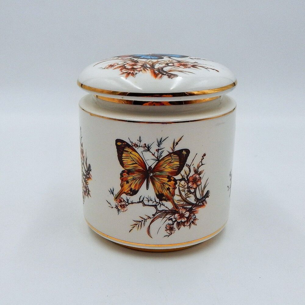 Keramos R Capodimonte Butterfly Lidded Candy Jar 4.5" Porcelain Dresser Trinket